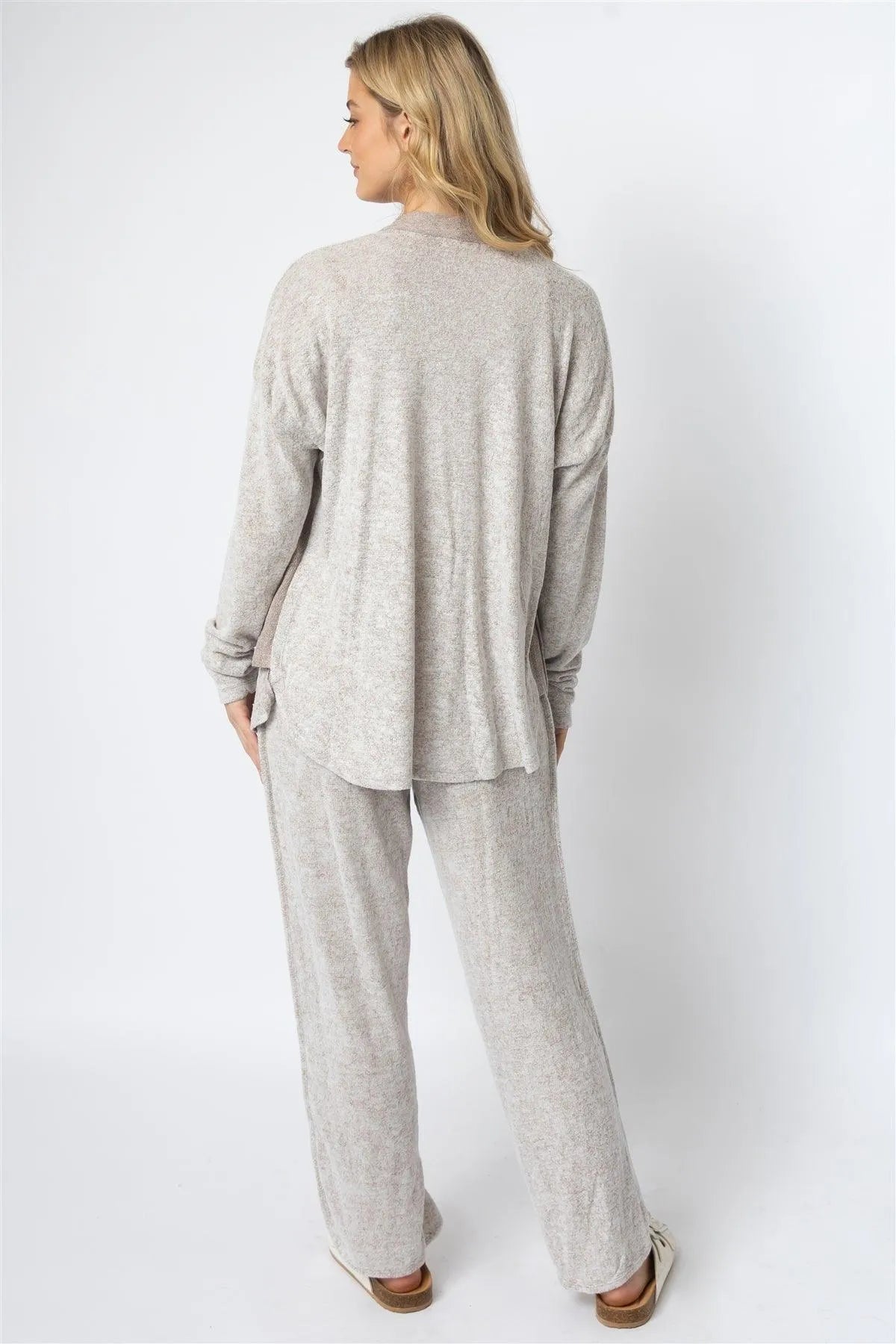 Taupe Textured Side Detail Long Sleeve Cardigan & Wide Leg Pant Set /1-1-1 - Tasha Apparel Wholesale
