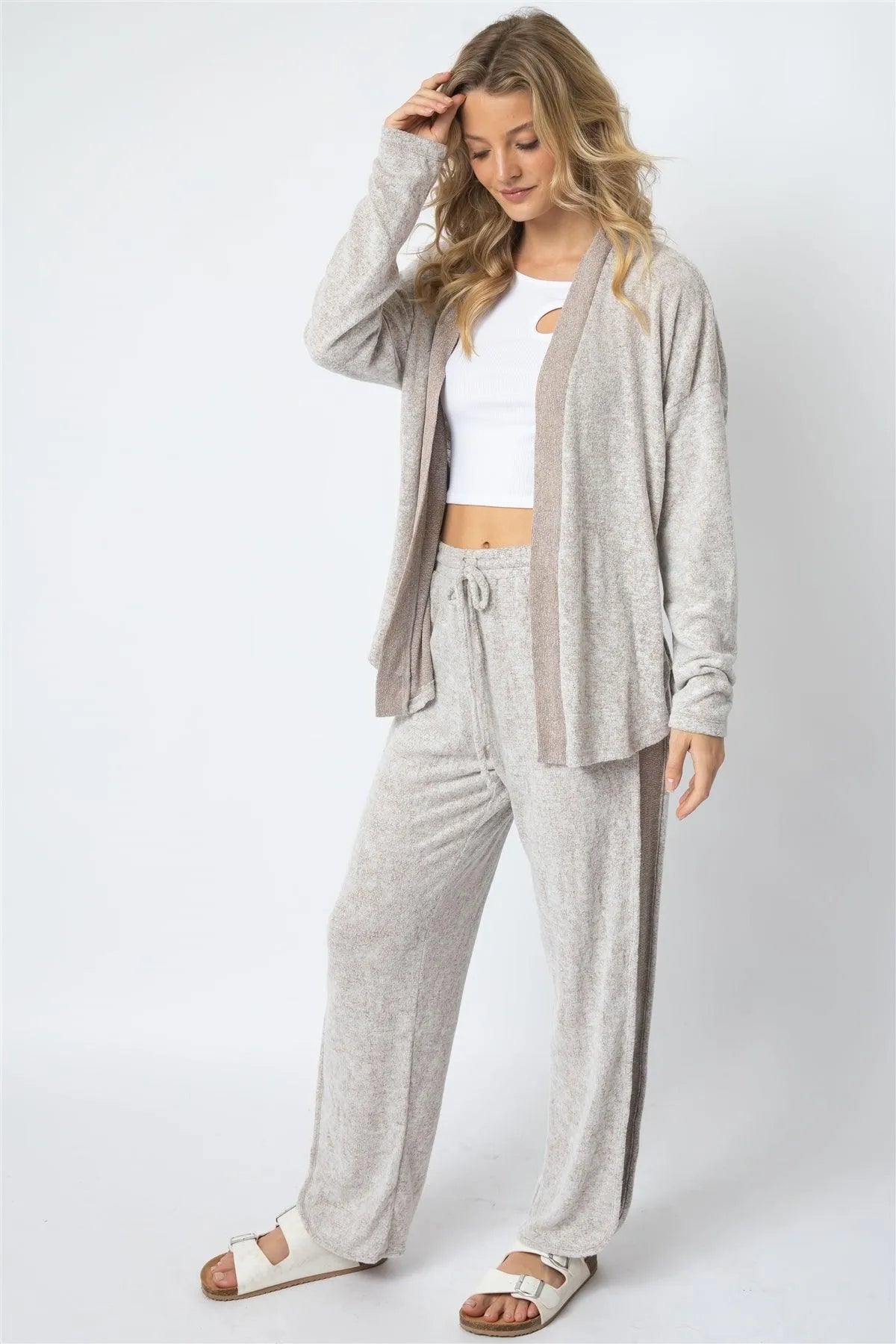 Taupe Textured Side Detail Long Sleeve Cardigan & Wide Leg Pant Set /1-1-1 - Tasha Apparel Wholesale