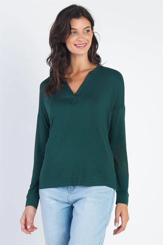 Heather Green V-Neck Cuff Long Sleeve Top /1-1-1 - Tasha Apparel Wholesale
