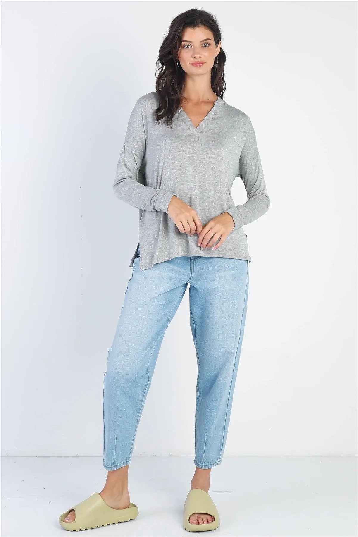 Heather Grey V-Neck Cuff Long Sleeve Top /1-1-1 - Tasha Apparel Wholesale