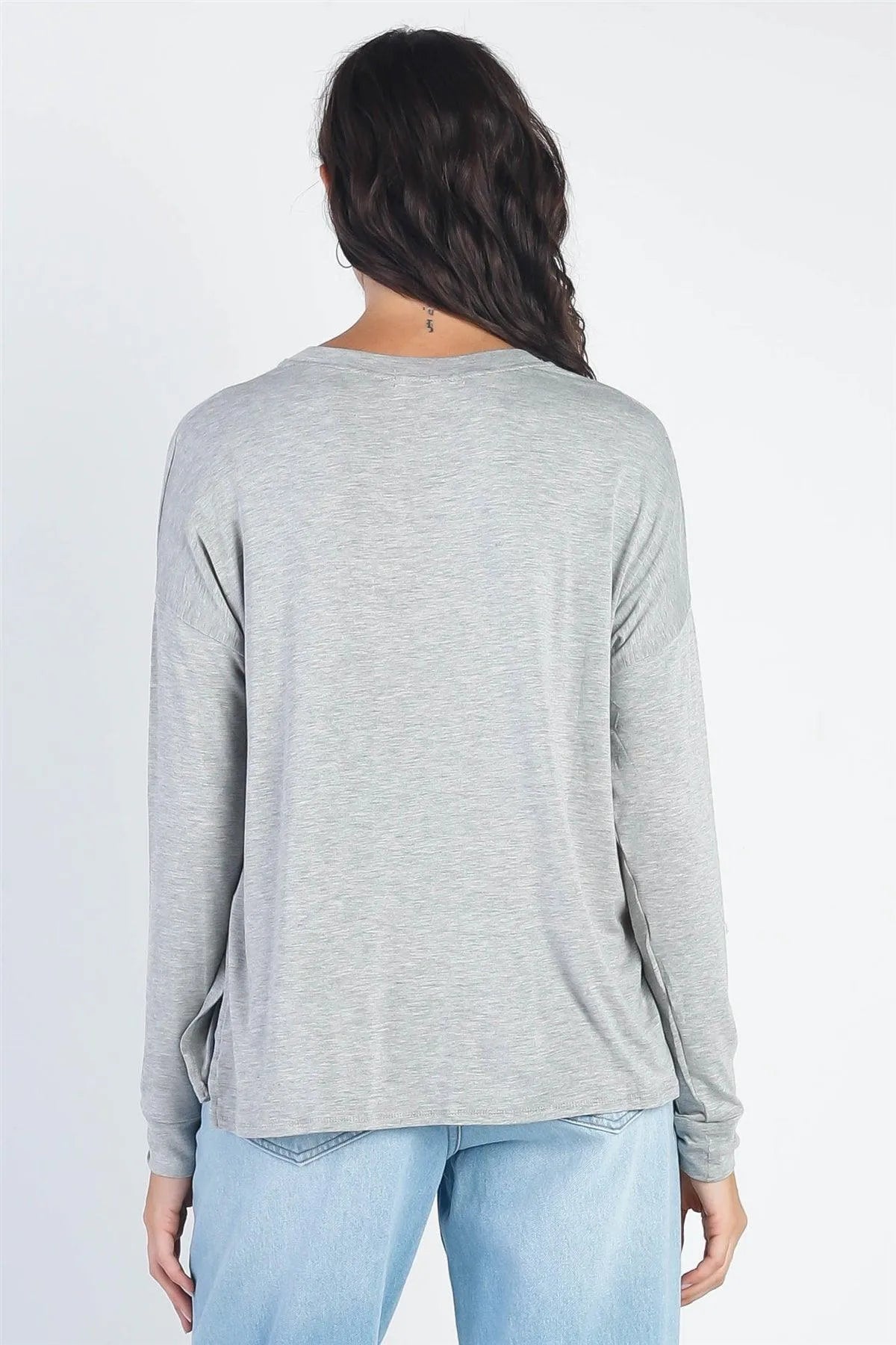 Heather Grey V-Neck Cuff Long Sleeve Top /1-1-1 - Tasha Apparel Wholesale