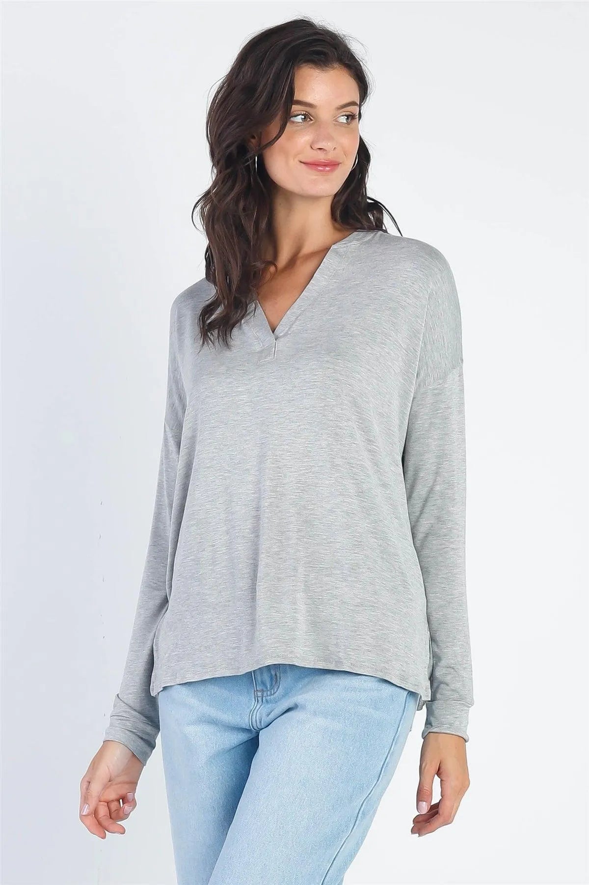 Heather Grey V-Neck Cuff Long Sleeve Top /1-1-1 - Tasha Apparel Wholesale