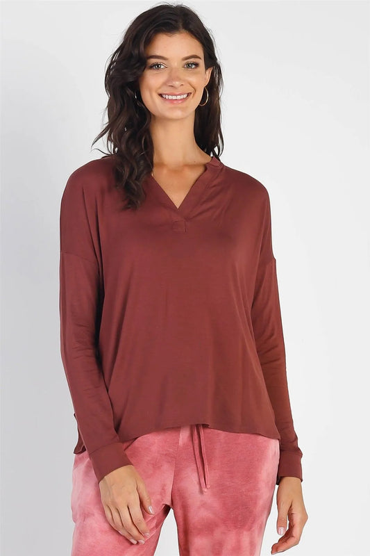 Red Brown V-Neck Cuff Long Sleeve Top /1-1-1 - Tasha Apparel Wholesale