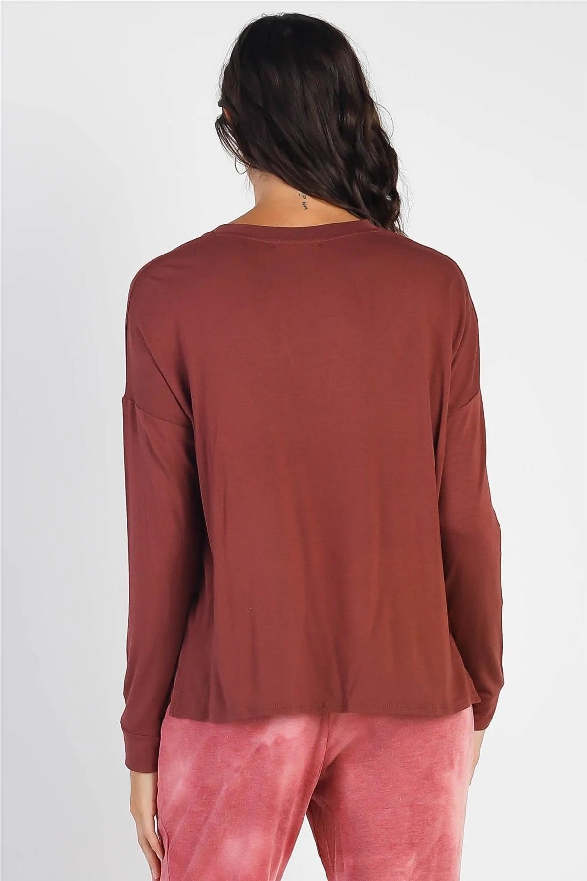 Red Brown V-Neck Cuff Long Sleeve Top /1-1-1 - Tasha Apparel Wholesale