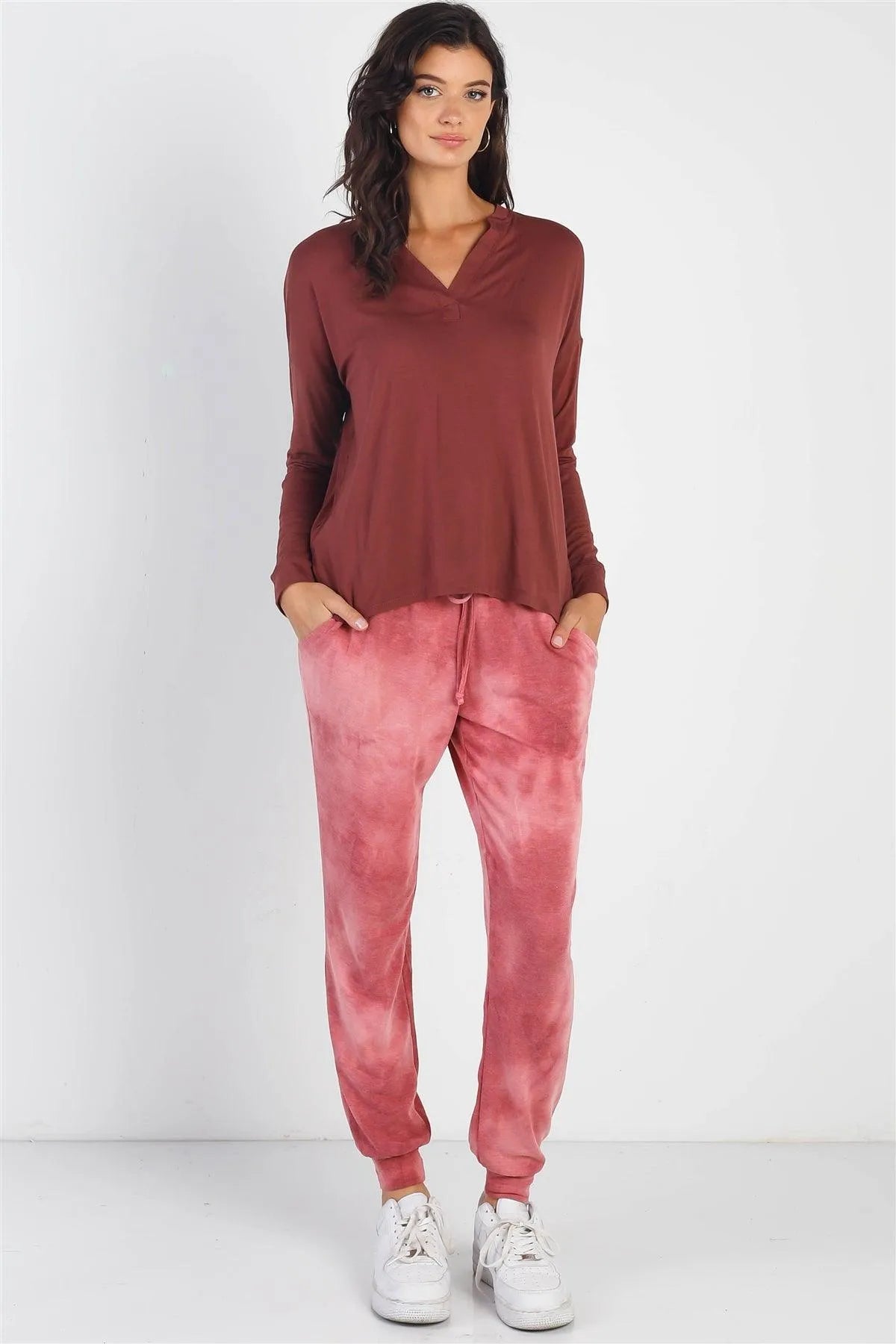 Red Brown V-Neck Cuff Long Sleeve Top /1-1-1 - Tasha Apparel Wholesale