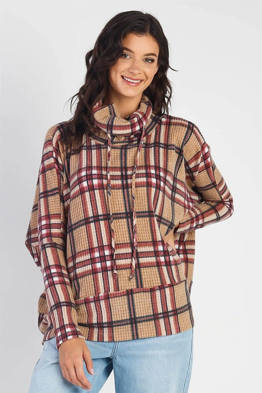 Camel Waffle Knit Flannel Plaid Turtle Neck Long Sleeve Top /1-1 - Tasha Apparel Wholesale