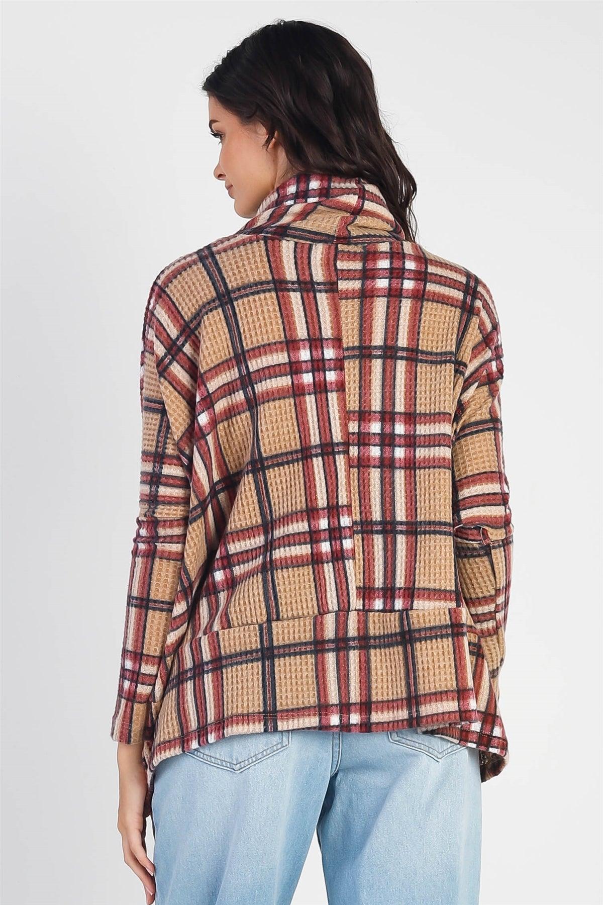Camel Waffle Knit Flannel Plaid Turtle Neck Long Sleeve Top /1-1