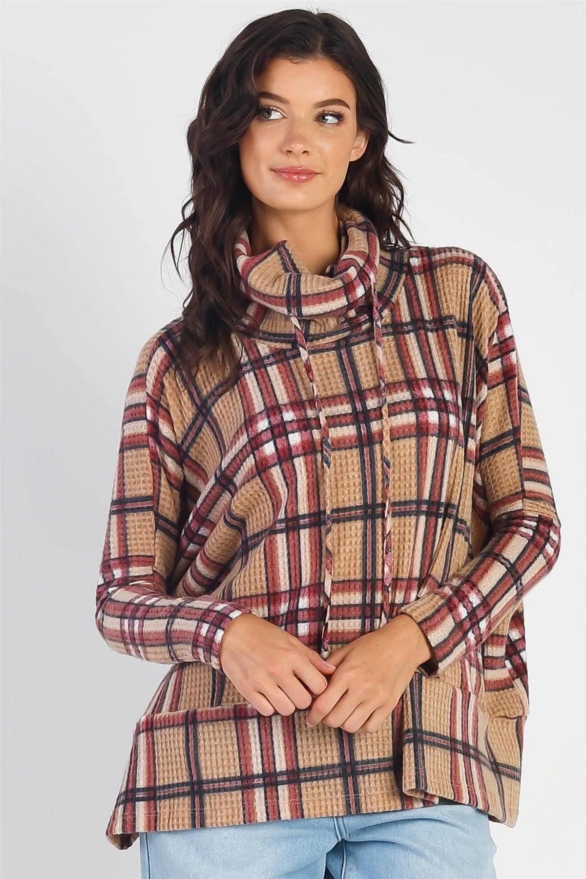 Camel Waffle Knit Flannel Plaid Turtle Neck Long Sleeve Top /1-1 - Tasha Apparel Wholesale