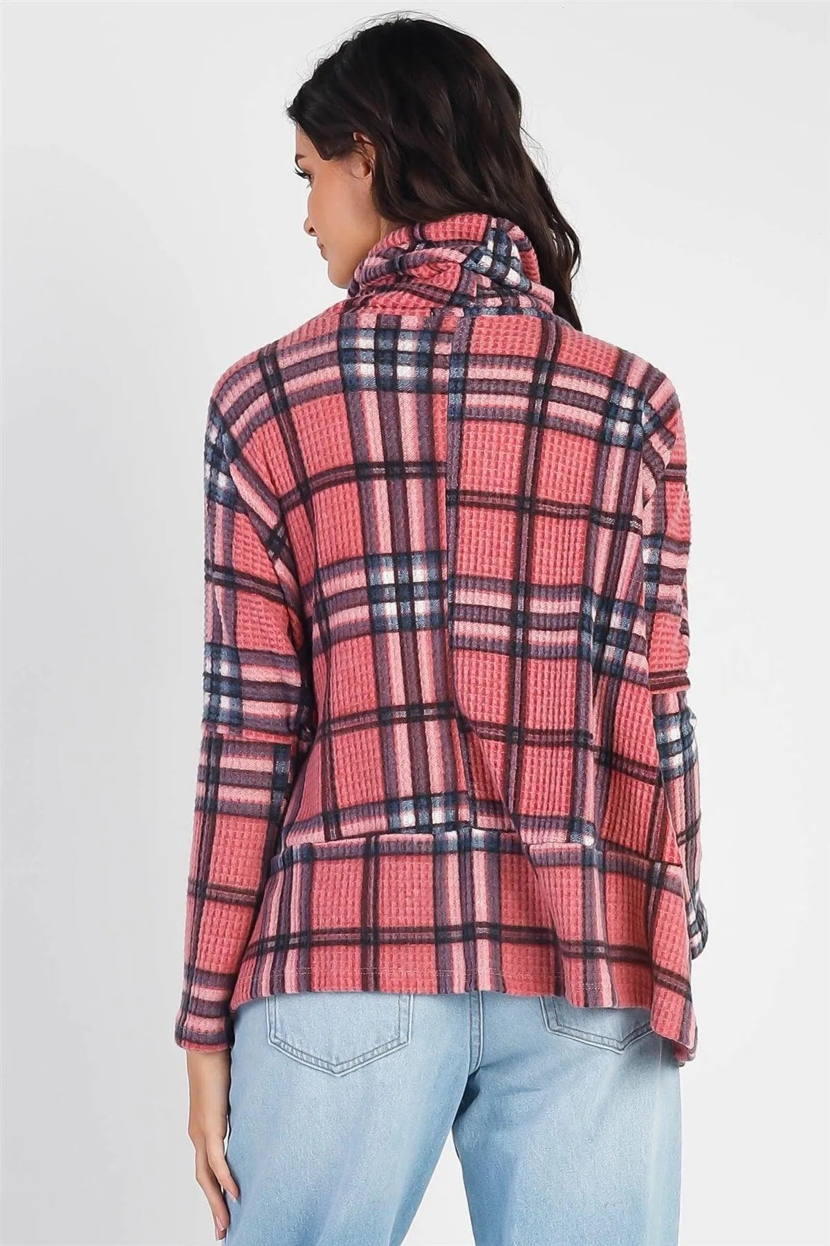 Mauve Waffle Knit Flannel Plaid Turtle Neck Long Sleeve Top /1-1 - Tasha Apparel Wholesale
