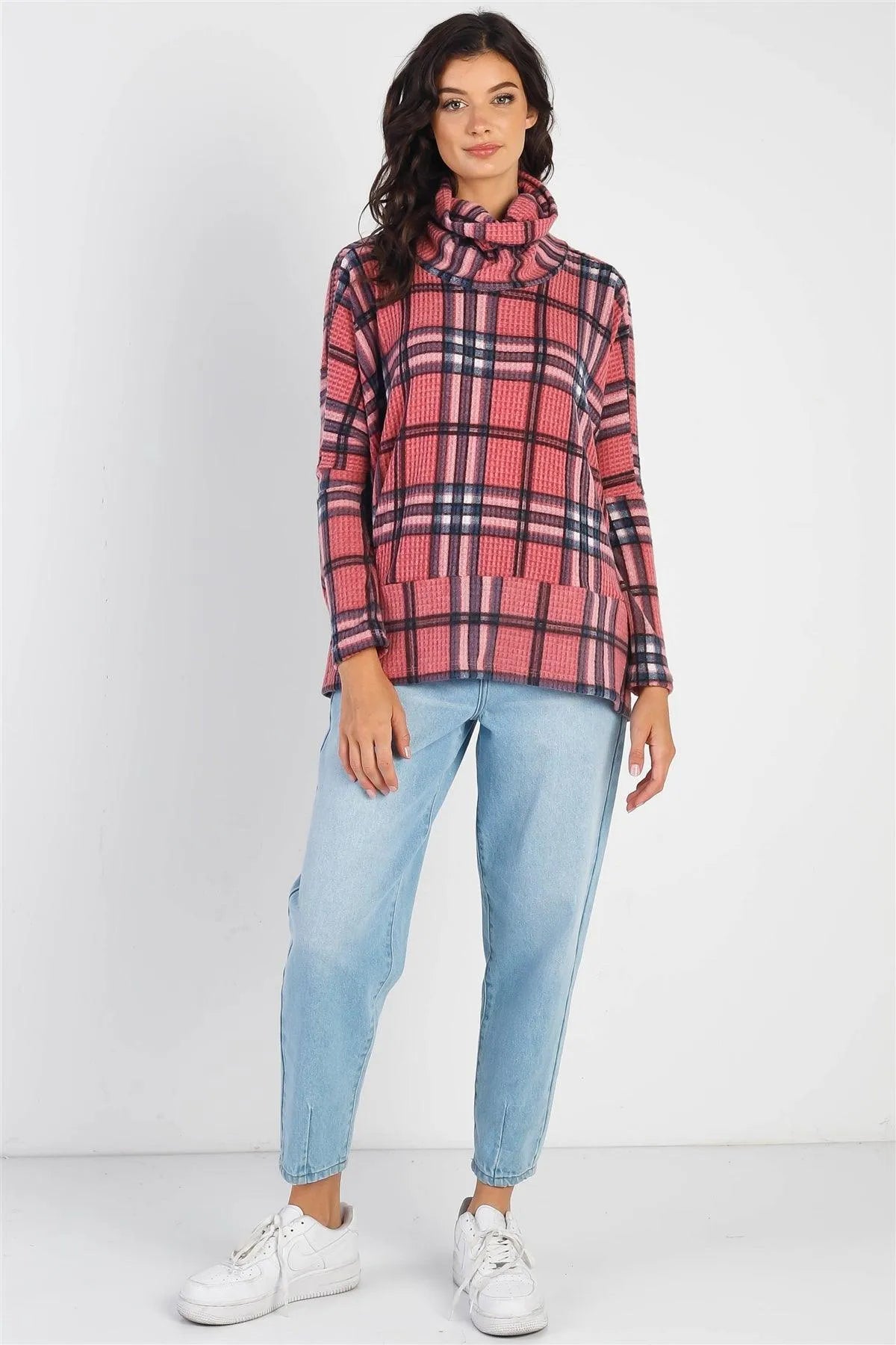 Mauve Waffle Knit Flannel Plaid Turtle Neck Long Sleeve Top /1-1 - Tasha Apparel Wholesale