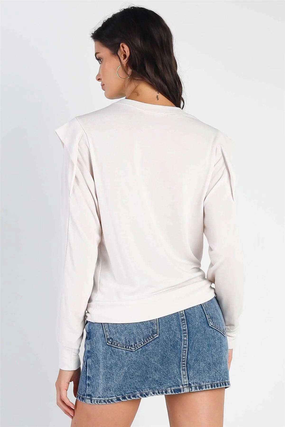 Beige Round Neck Long Ruffle Sleeve Top - Tasha Apparel Wholesale