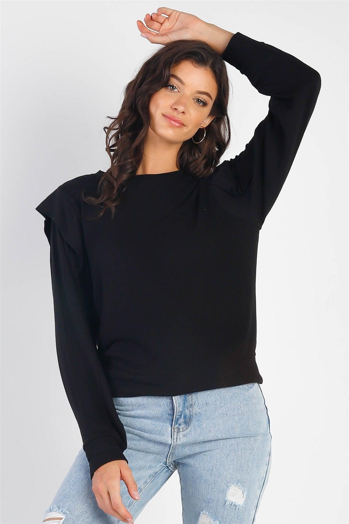 Black Round Neck Long Sleeve Detail Sweater /1-1-1
