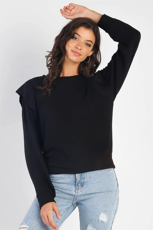 Black Round Neck Long Ruffle Sleeve Top - Tasha Apparel Wholesale
