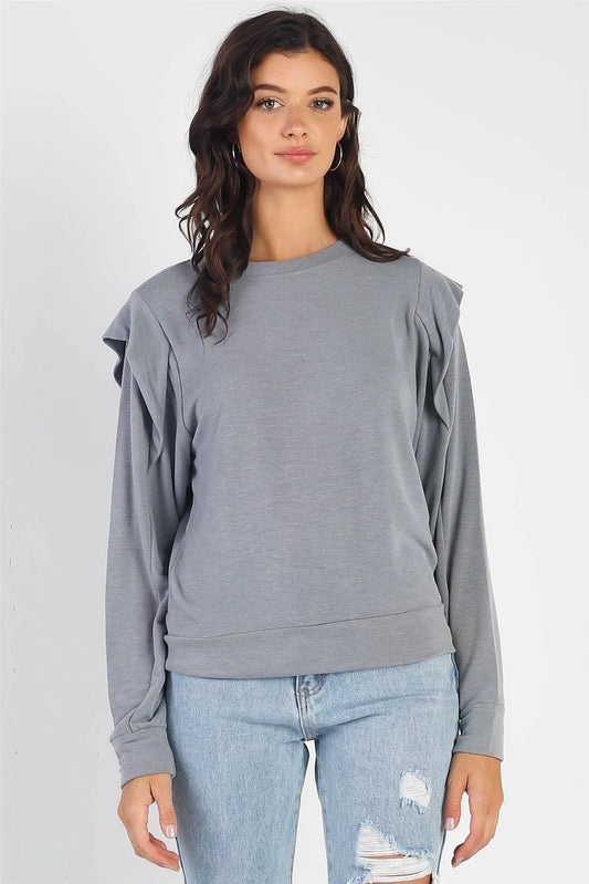 Dusty Grey Round Neck Long Ruffle Sleeve Top - Tasha Apparel Wholesale
