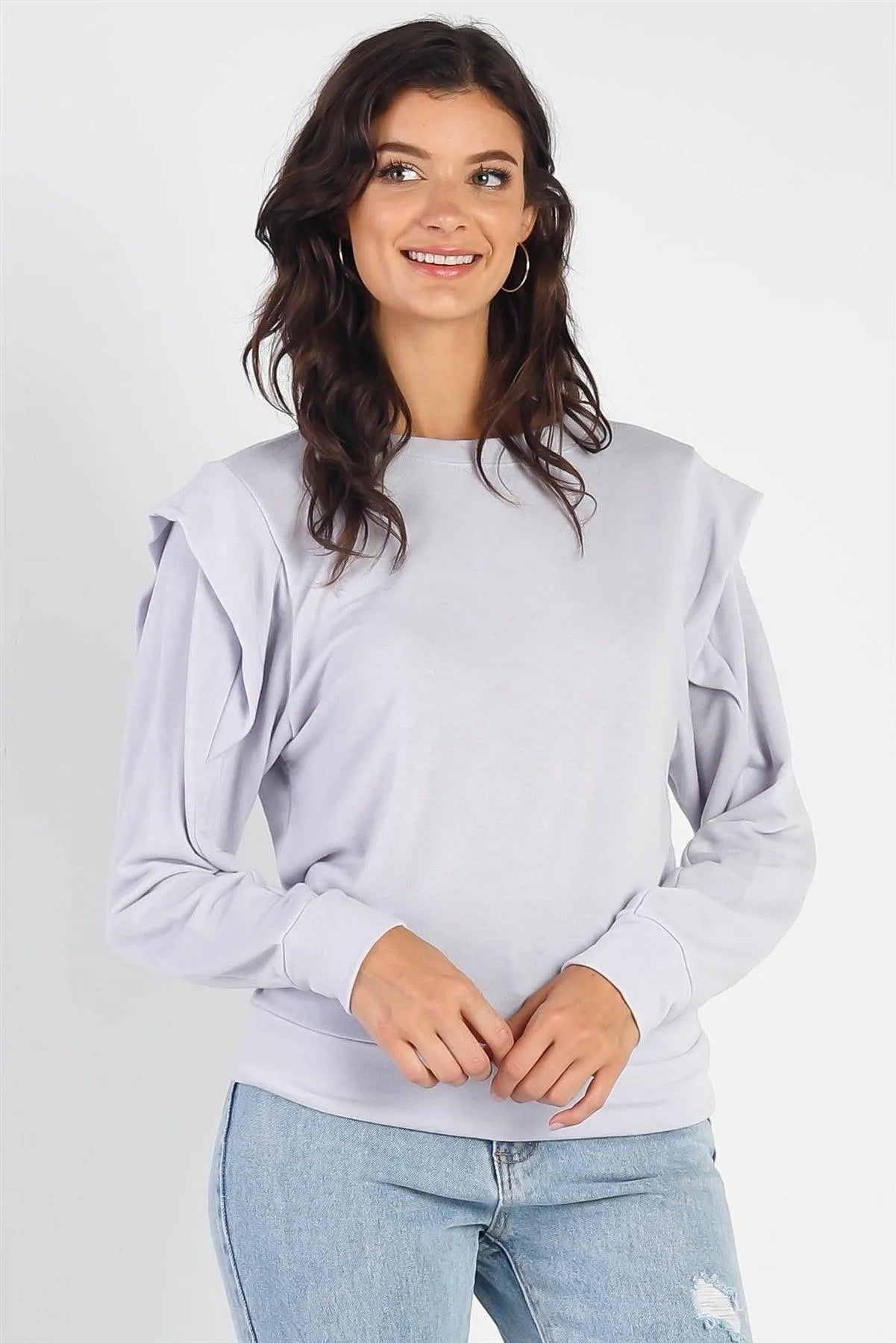 Lavender Round Neck Long Ruffle Sleeve Top - Tasha Apparel Wholesale
