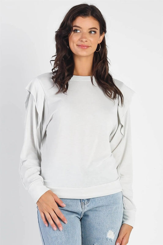 Light Sage Round Neck Long Sleeve Knit Top - Tasha Apparel Wholesale