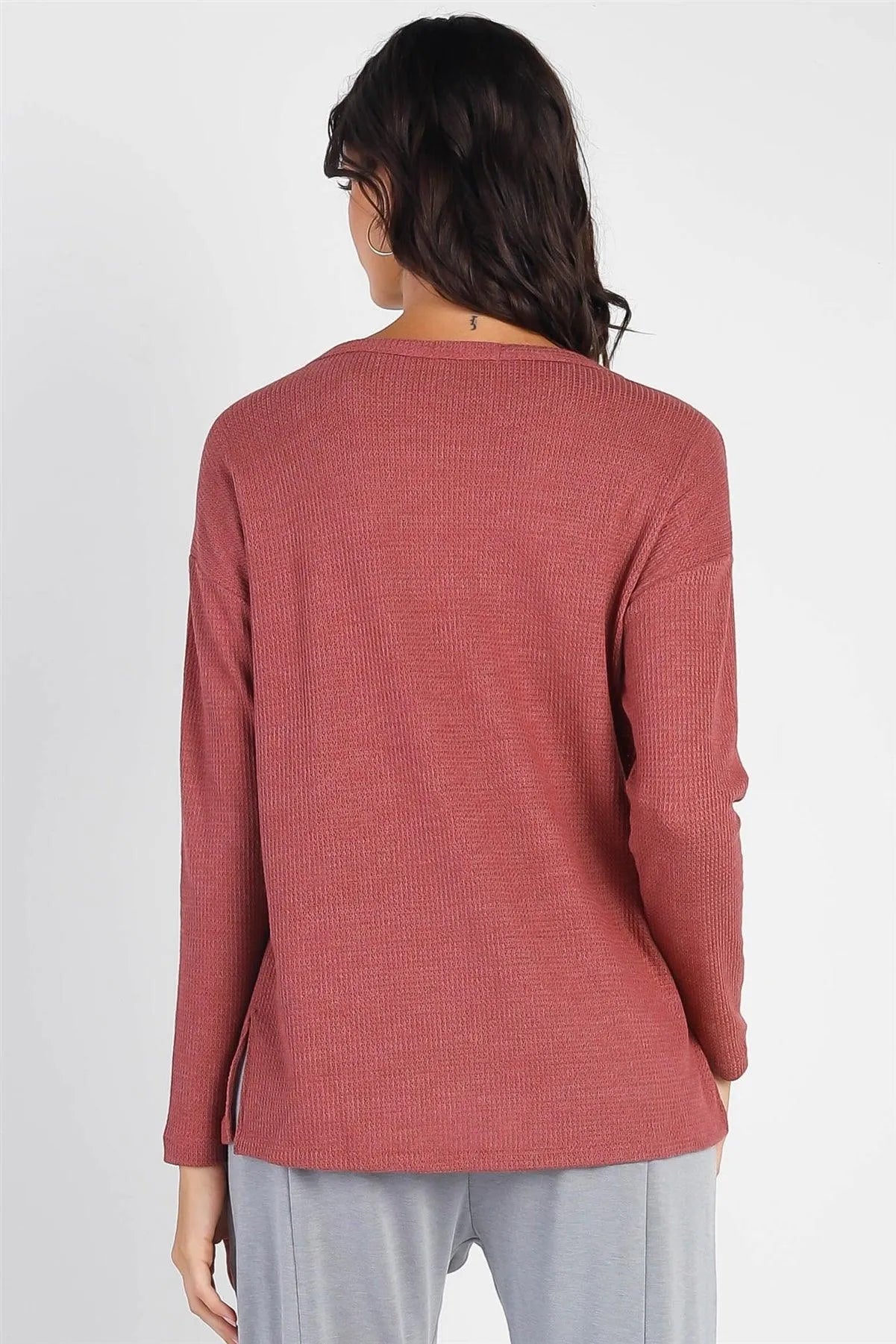 Brick Waffle Knit Front Pocket Long Sleeve Sweatshirt - Tasha Apparel Wholesale