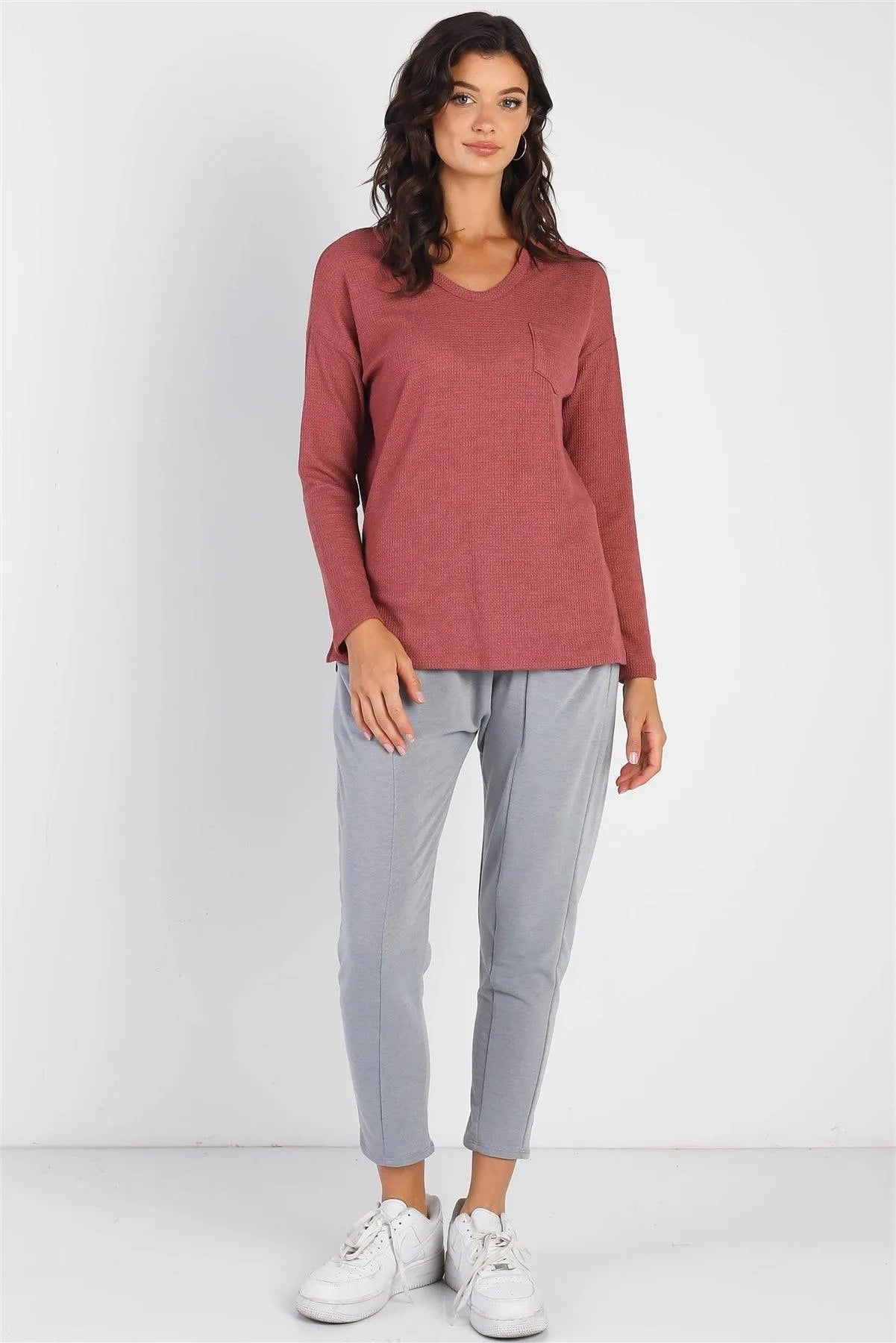 Brick Waffle Knit Front Pocket Long Sleeve Sweatshirt - Tasha Apparel Wholesale