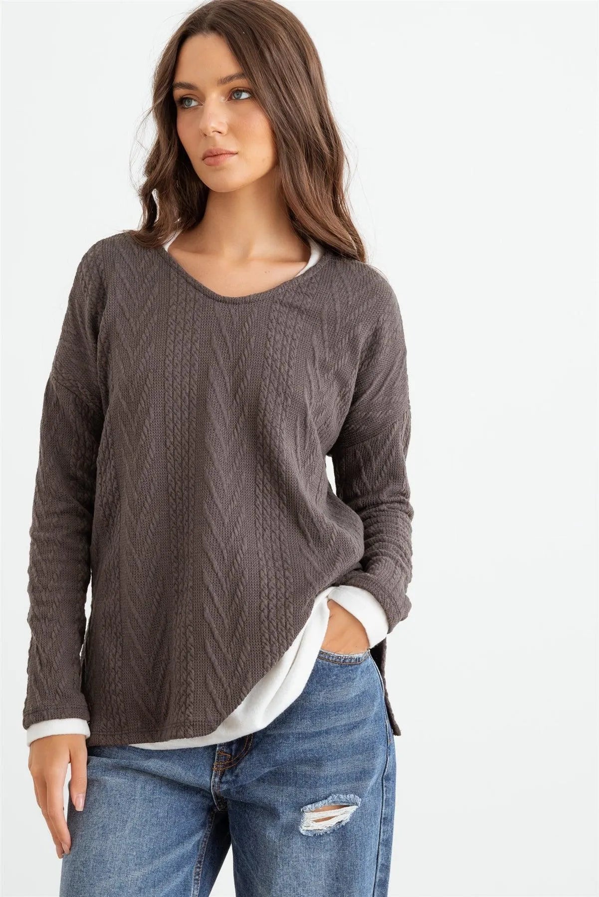 Charcoal Knit Round Neck Long Sleeve Top - Tasha Apparel Wholesale