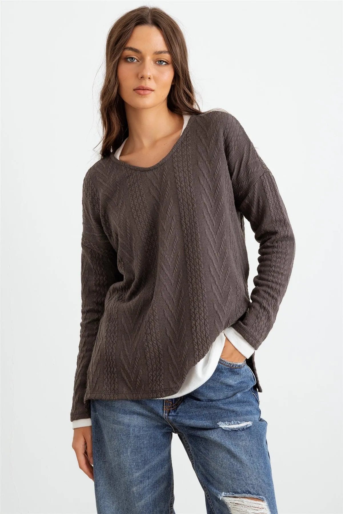 Charcoal Knit Round Neck Long Sleeve Top - Tasha Apparel Wholesale