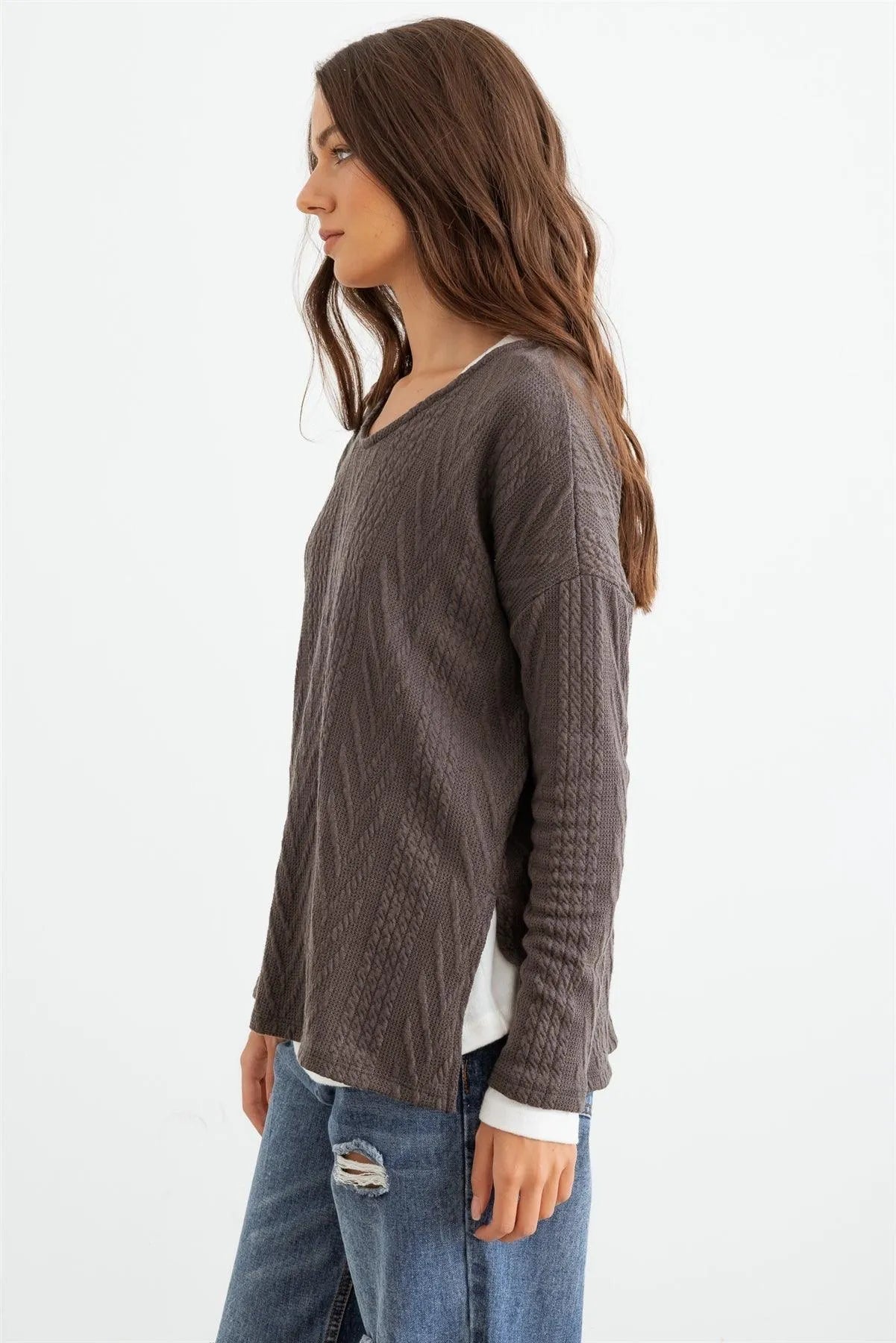Charcoal Knit Round Neck Long Sleeve Top - Tasha Apparel Wholesale