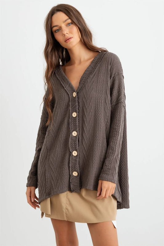 Charcoal Cable Knit Button-Up Long Sleeve Cardigan /1-1-1 - Tasha Apparel Wholesale