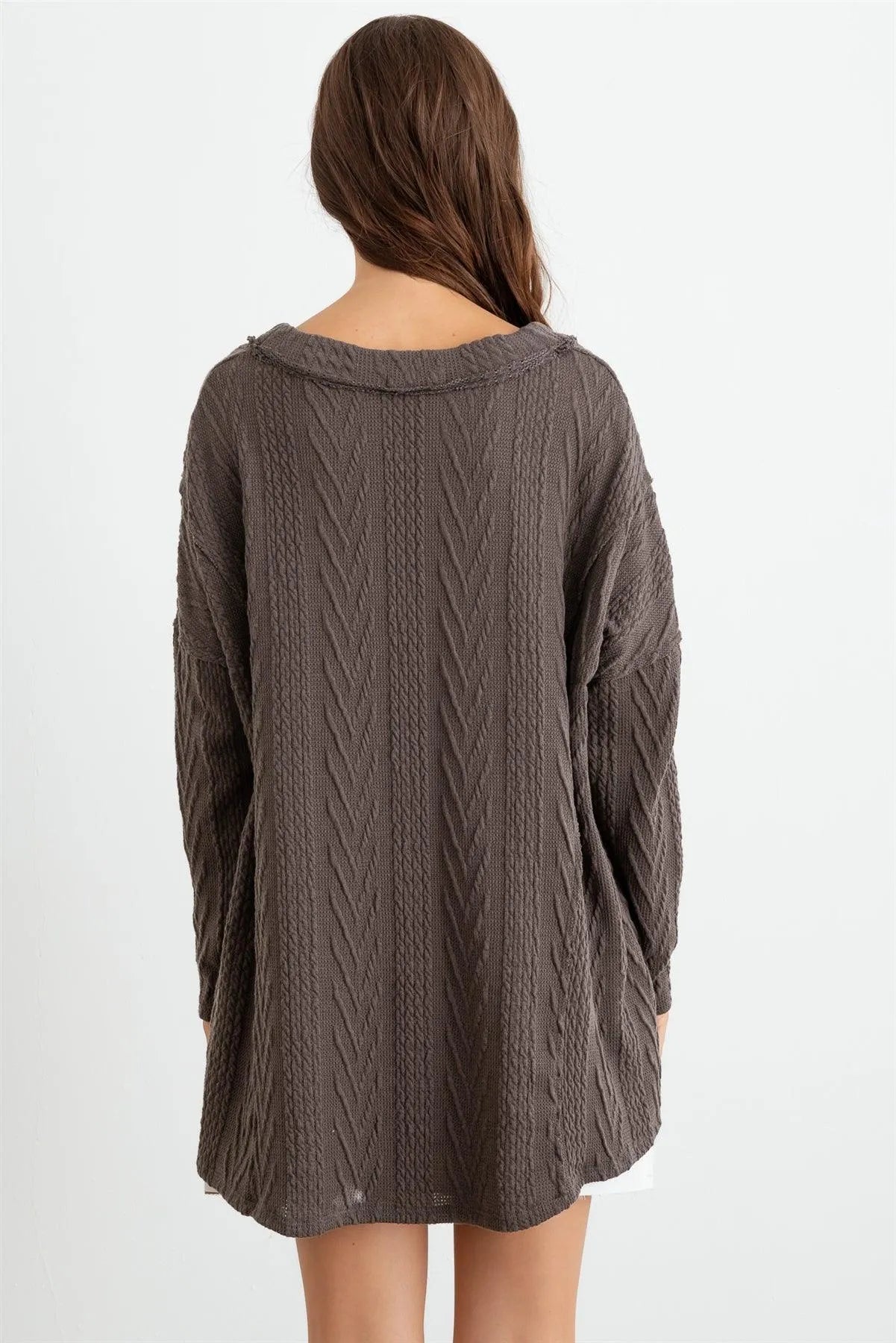 Charcoal Cable Knit Button-Up Long Sleeve Cardigan /1-1-1 - Tasha Apparel Wholesale