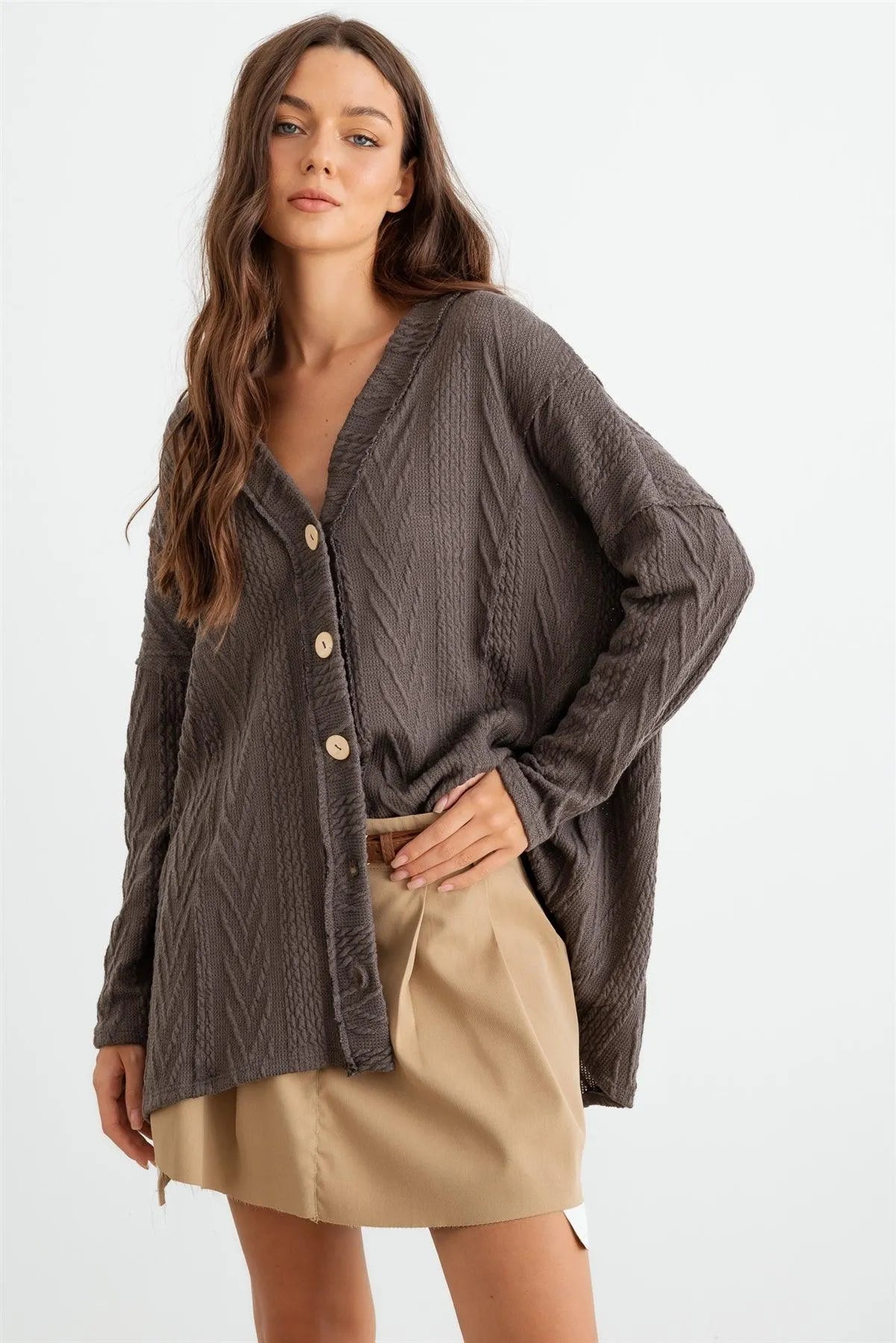 Charcoal Cable Knit Button-Up Long Sleeve Cardigan /1-1-1 - Tasha Apparel Wholesale