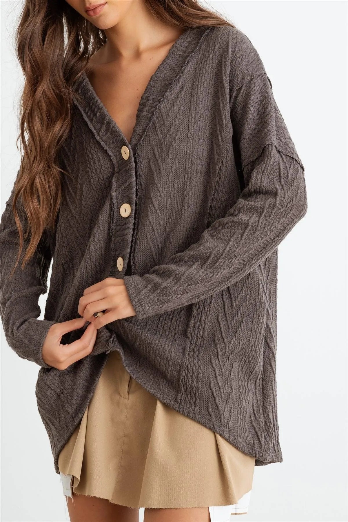 Charcoal Cable Knit Button-Up Long Sleeve Cardigan /1-1-1 - Tasha Apparel Wholesale