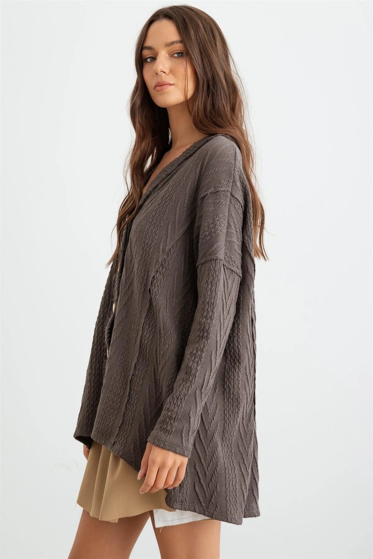 Charcoal Cable Knit Button-Up Long Sleeve Cardigan /1-1-1 - Tasha Apparel Wholesale