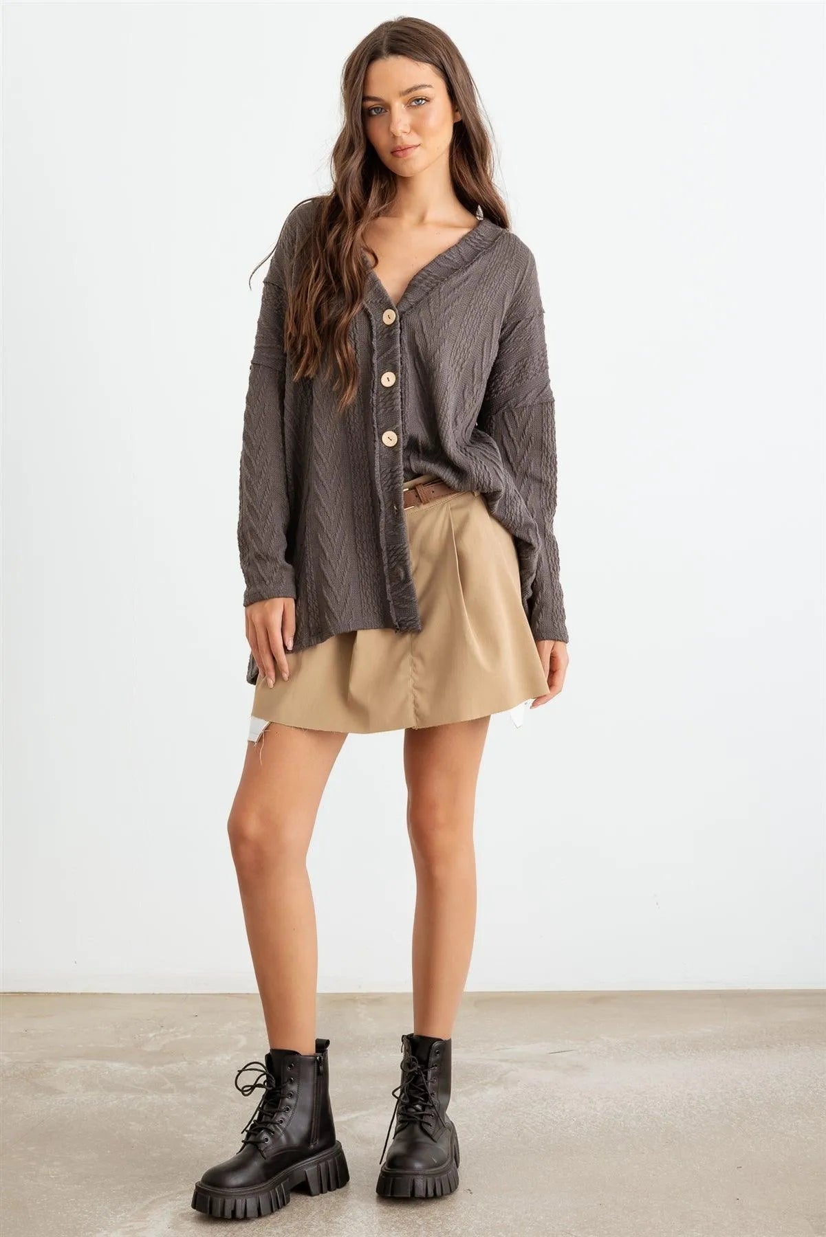 Charcoal Cable Knit Button-Up Long Sleeve Cardigan /1-1-1 - Tasha Apparel Wholesale