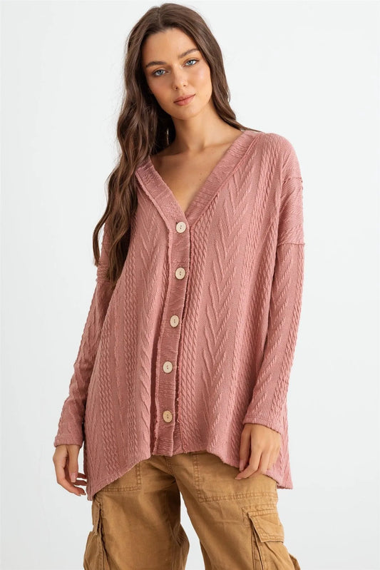 Mauve Cable Knit Button-Up Long Sleeve Cardigan /1-1-1 - Tasha Apparel Wholesale