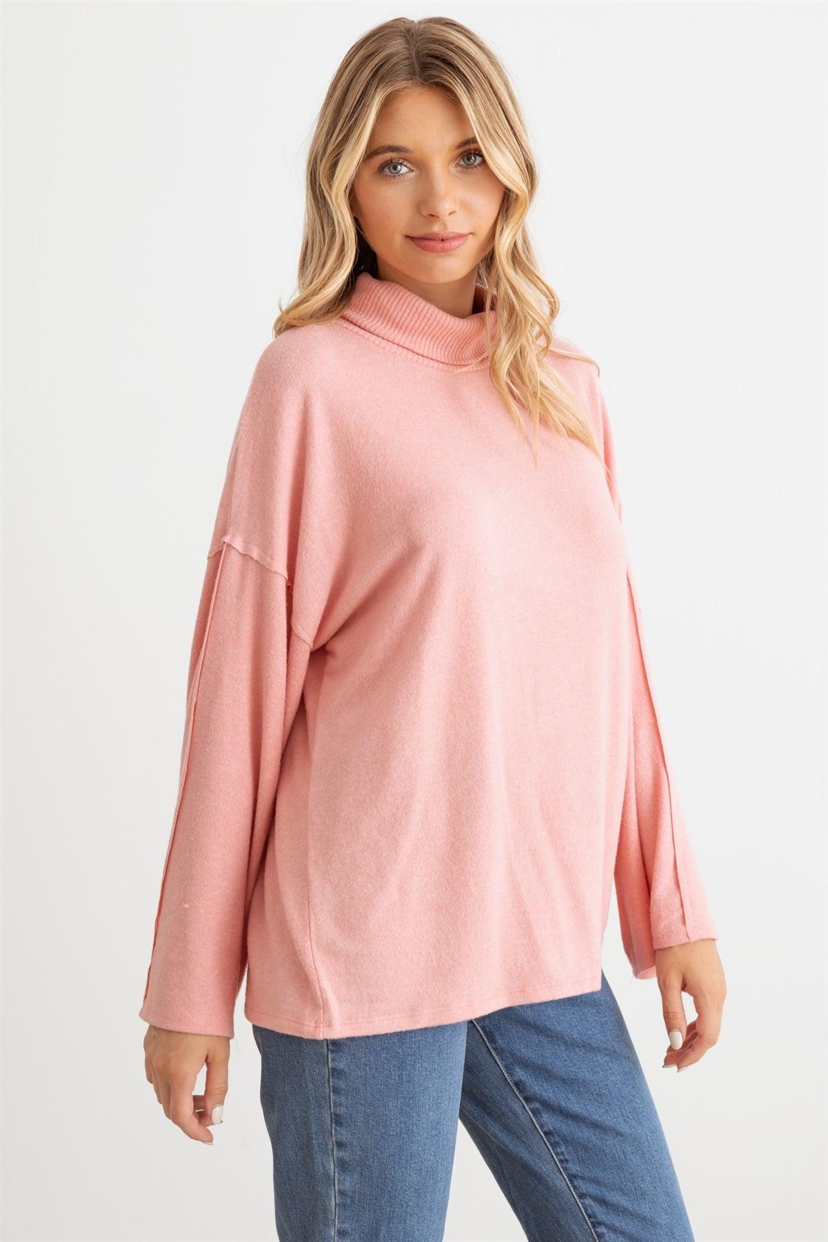 Light Coral Turtle Neck Long Sleeve Soft To Touch Top /1-1-1