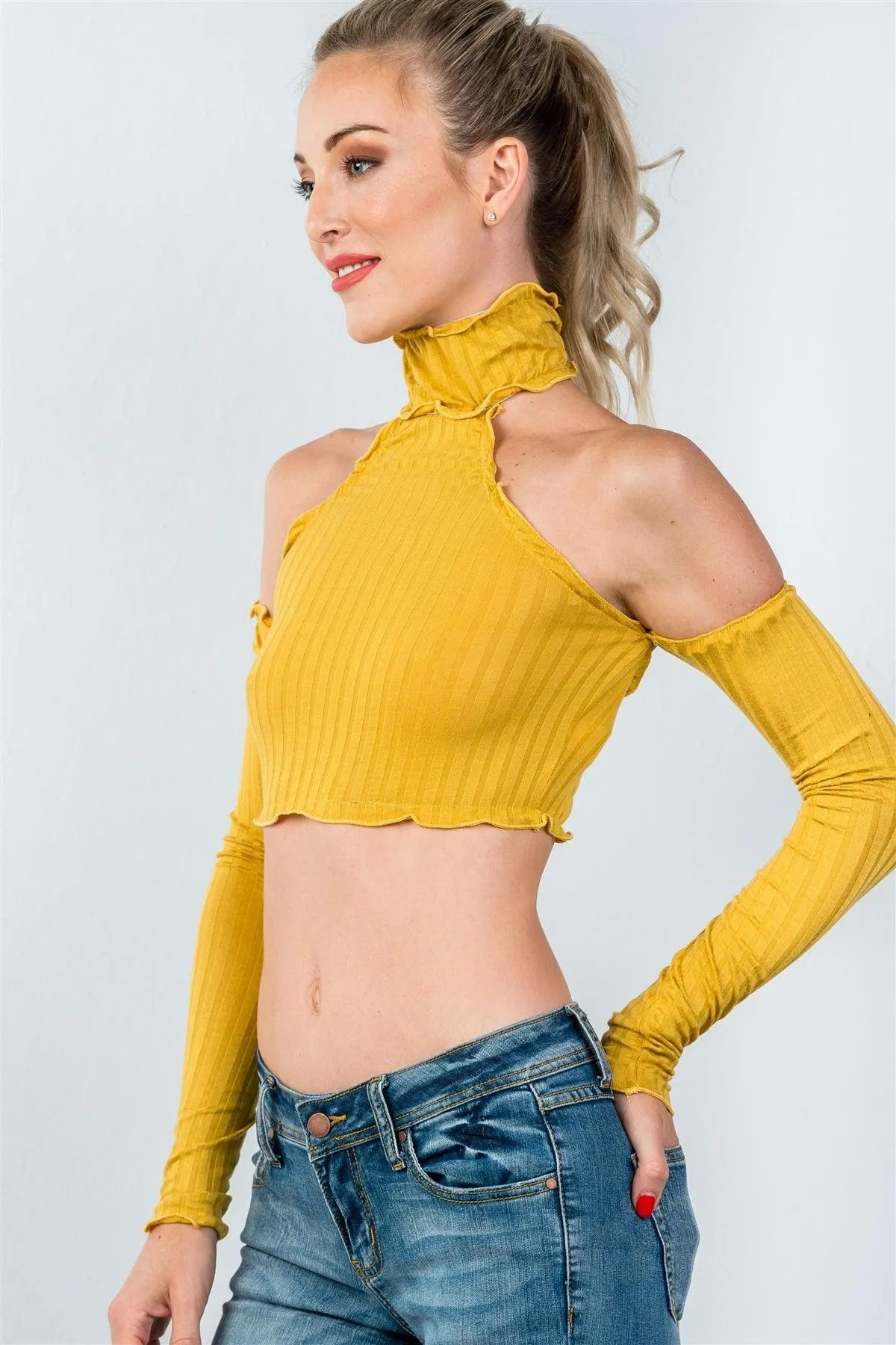 Mustard Ruffle Frill Hem Long Sleeve Crop Top /2-2-2 - Tasha Apparel Wholesale