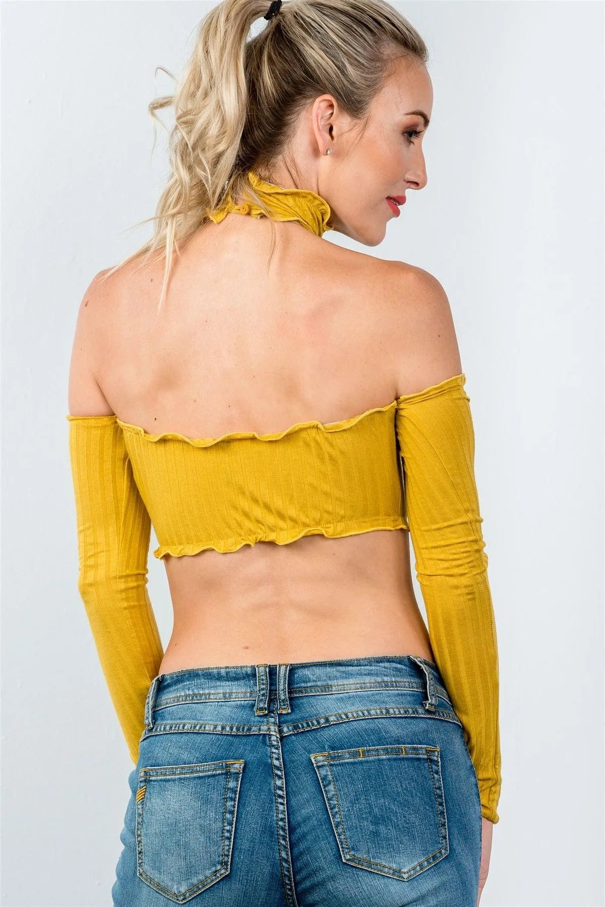 Mustard Ruffle Frill Hem Long Sleeve Crop Top /2-2-2 - Tasha Apparel Wholesale