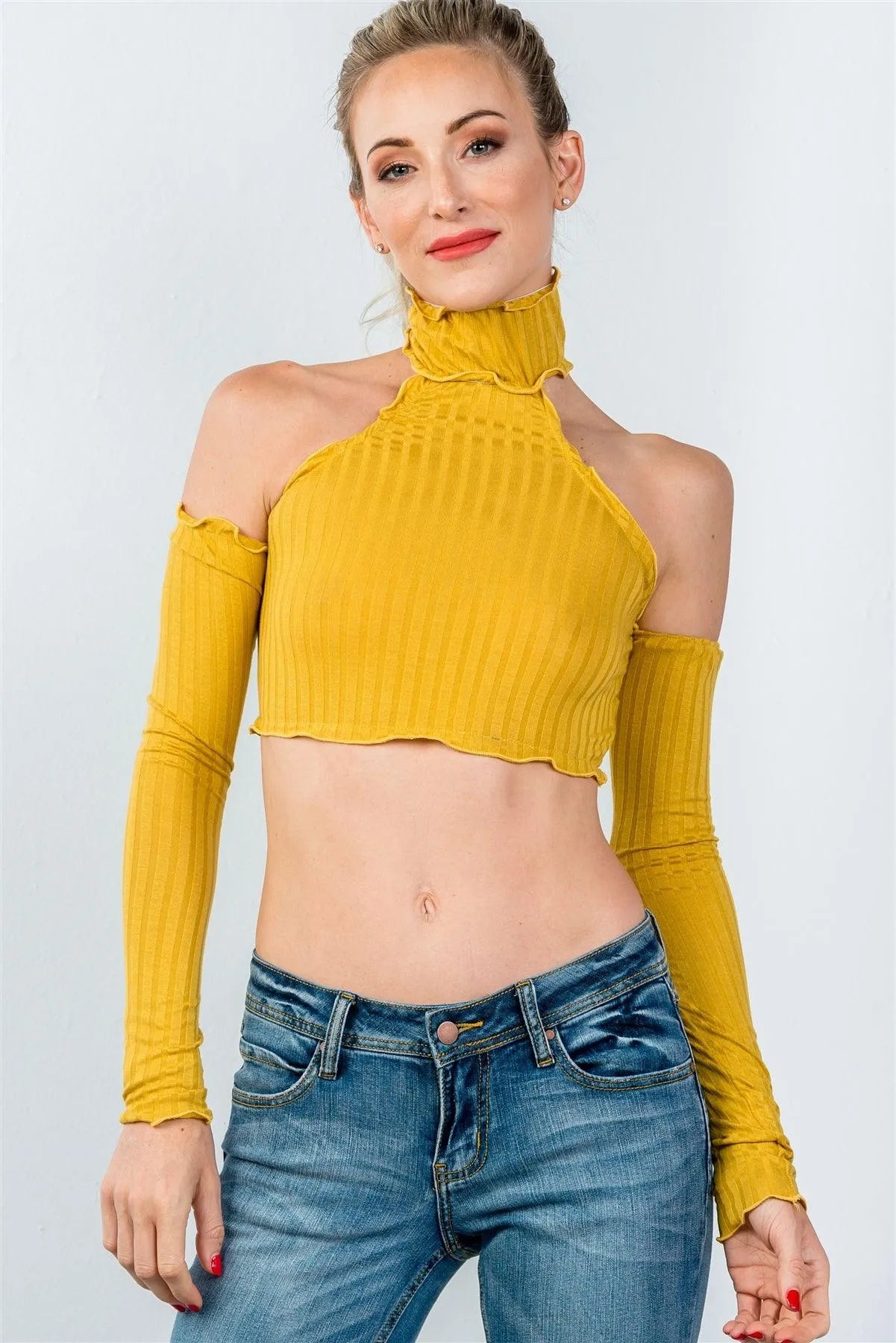 Mustard Ruffle Frill Hem Long Sleeve Crop Top /2-2-2 - Tasha Apparel Wholesale