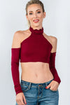 Wine Ruffle Frill Hem Long Sleeve Crop Top /2-2-2 - Tasha Apparel Wholesale