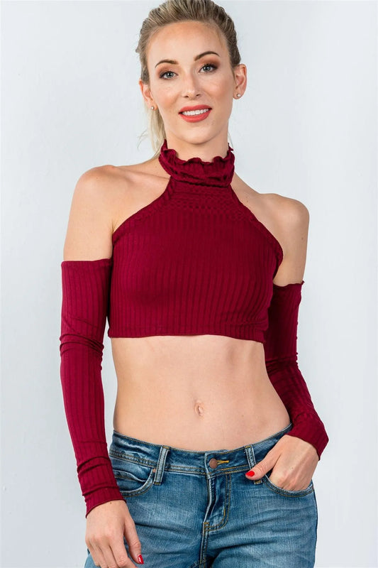 Wine Ruffle Frill Hem Long Sleeve Crop Top /2-2-2 - Tasha Apparel Wholesale