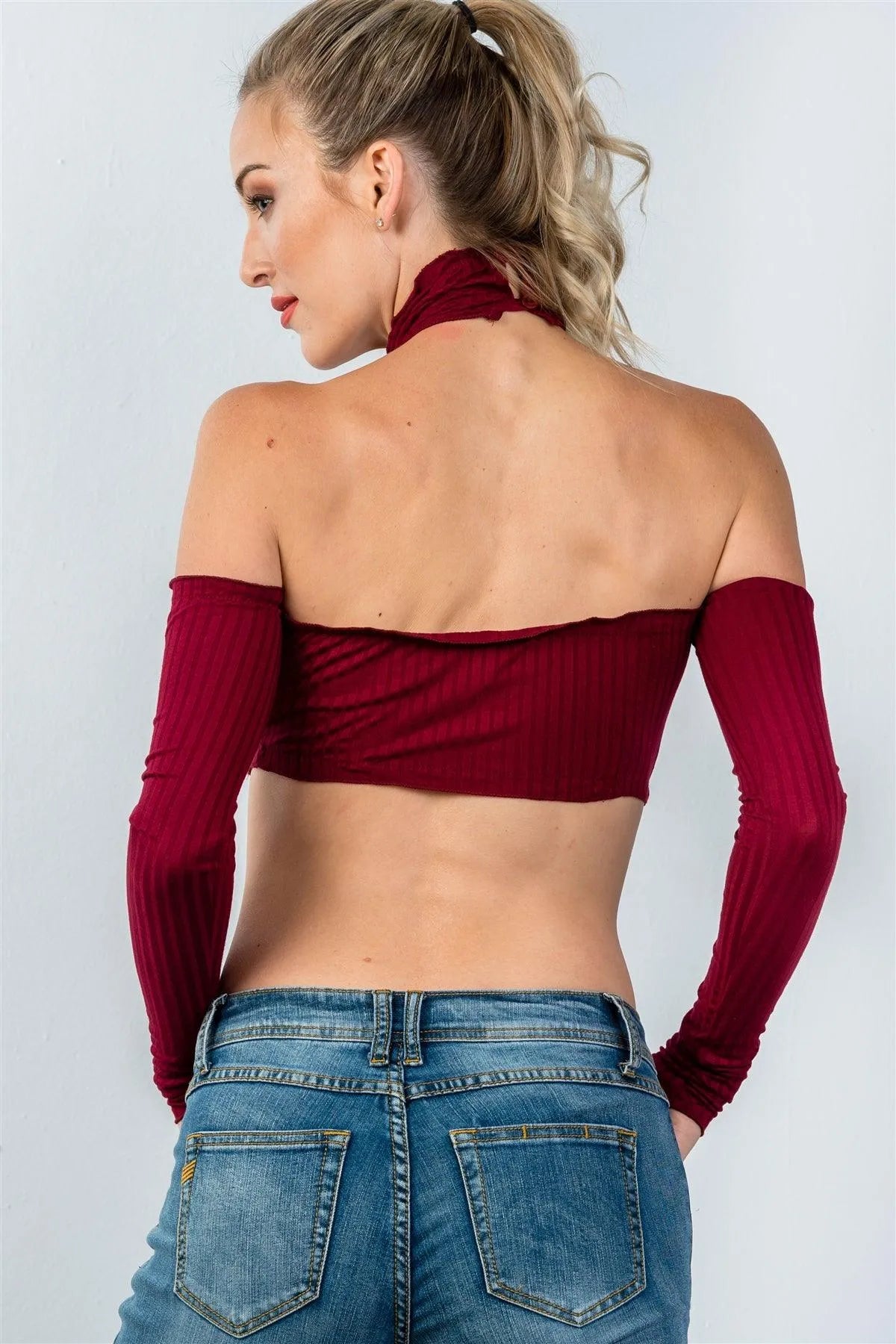 Wine Ruffle Frill Hem Long Sleeve Crop Top /2-2-2 - Tasha Apparel Wholesale
