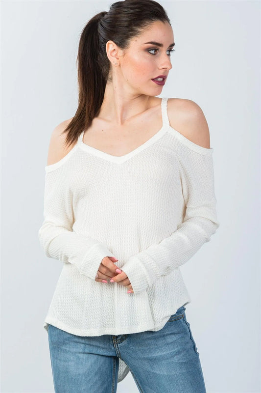 Ivory High Low Cold Shoulder Top /3-2-1 - Tasha Apparel Wholesale