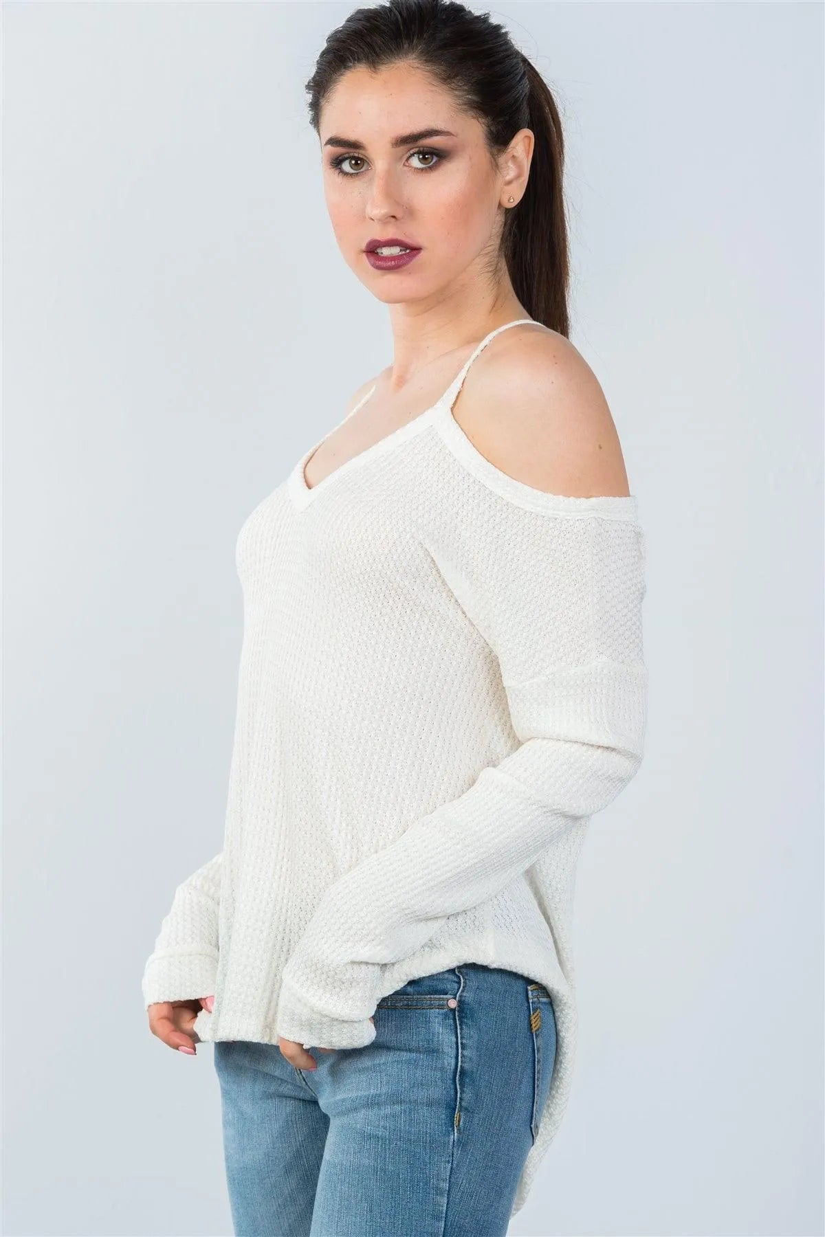 Ivory High Low Cold Shoulder Top /3-2-1 - Tasha Apparel Wholesale