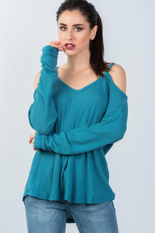 Teal High Low Cold Shoulder Top /3-2-1 - Tasha Apparel Wholesale