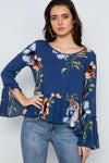 Navy Floral Print Button Down Boho Top /3-2-1 - Tasha Apparel Wholesale