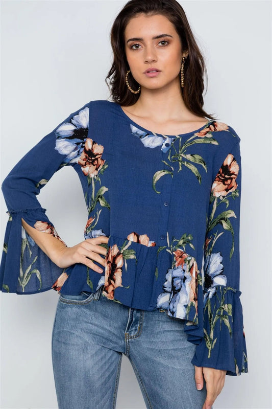 Navy Floral Print Button Down Boho Top /3-2-1 - Tasha Apparel Wholesale