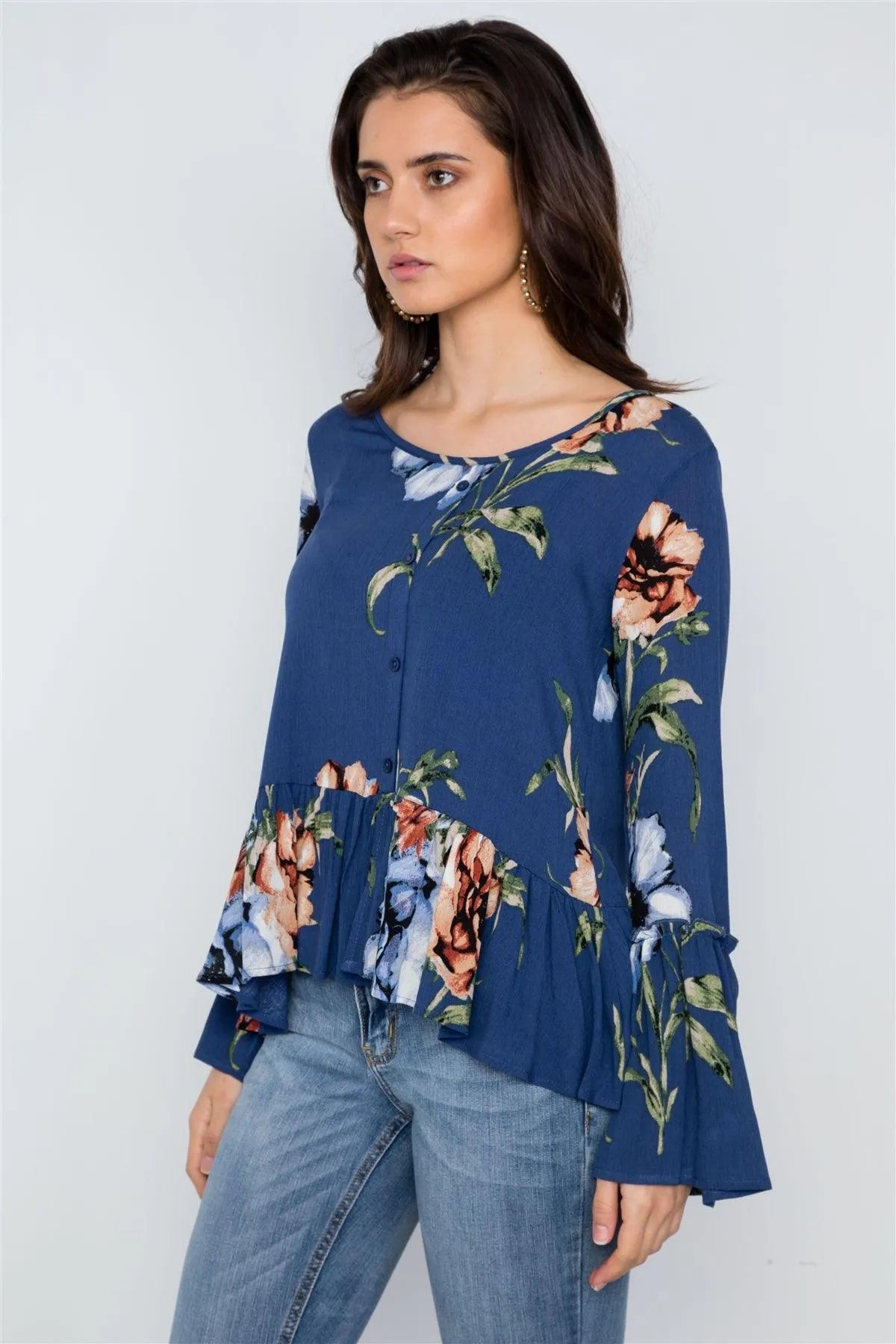 Navy Floral Print Button Down Boho Top /3-2-1 - Tasha Apparel Wholesale