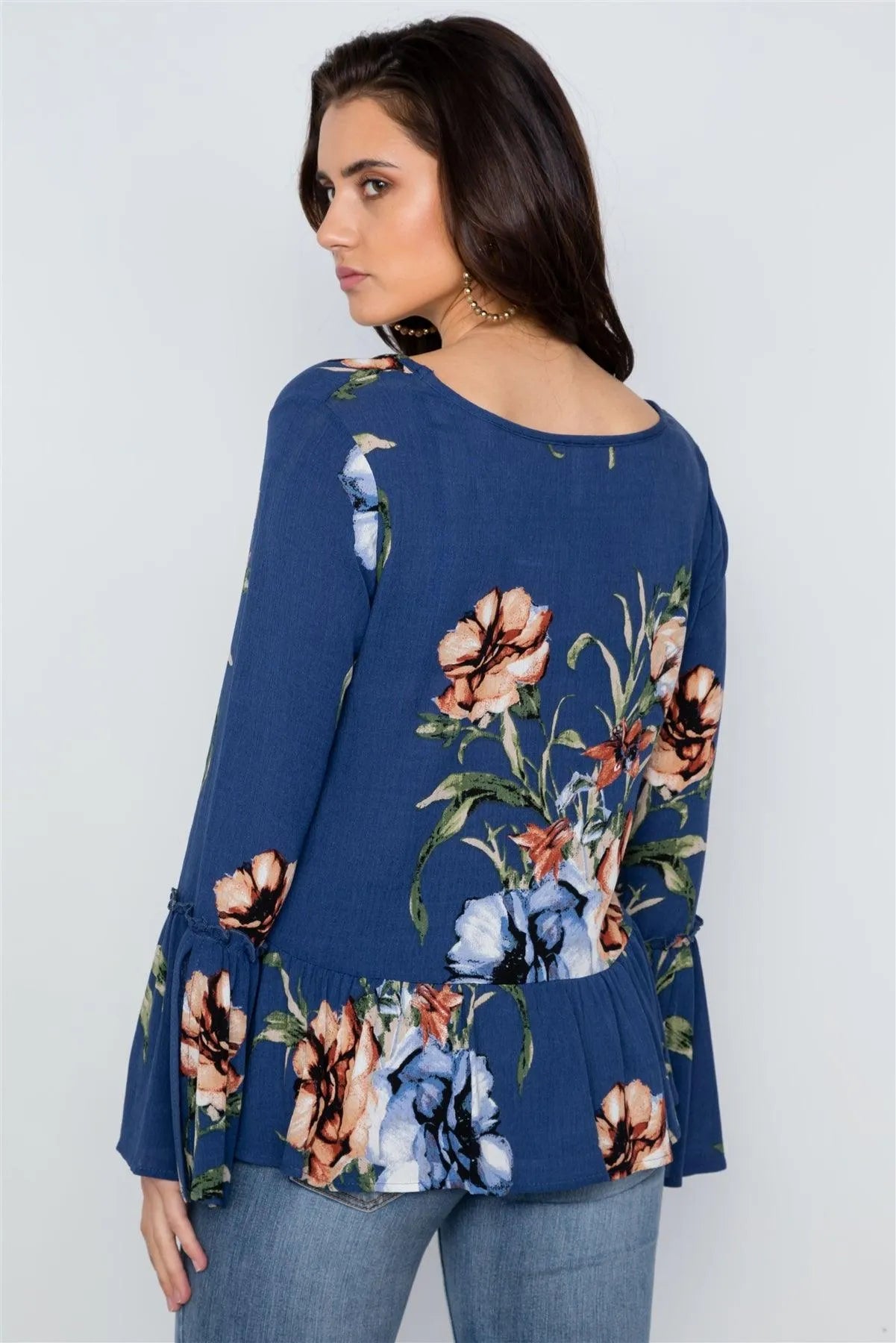 Navy Floral Print Button Down Boho Top /3-2-1 - Tasha Apparel Wholesale