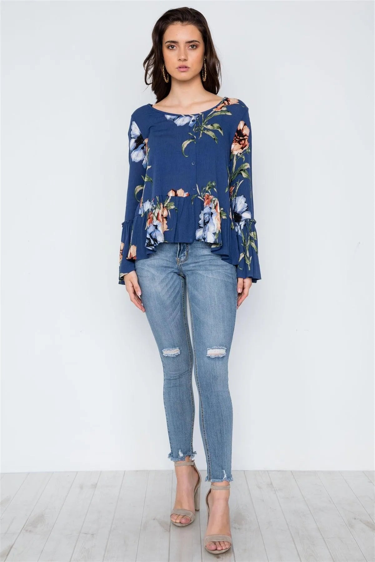 Navy Floral Print Button Down Boho Top /3-2-1 - Tasha Apparel Wholesale