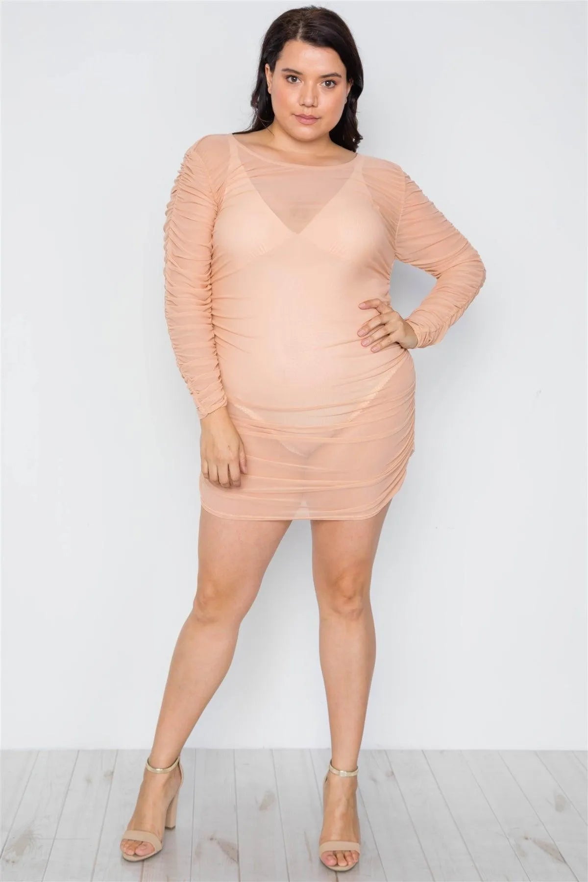Junior Plus Size Nude Sheer Mesh Ruched Mini Dress /2-2-2 Junior Plus Size Nude Sheer Mesh Ruched Mini Dress /2-2-2