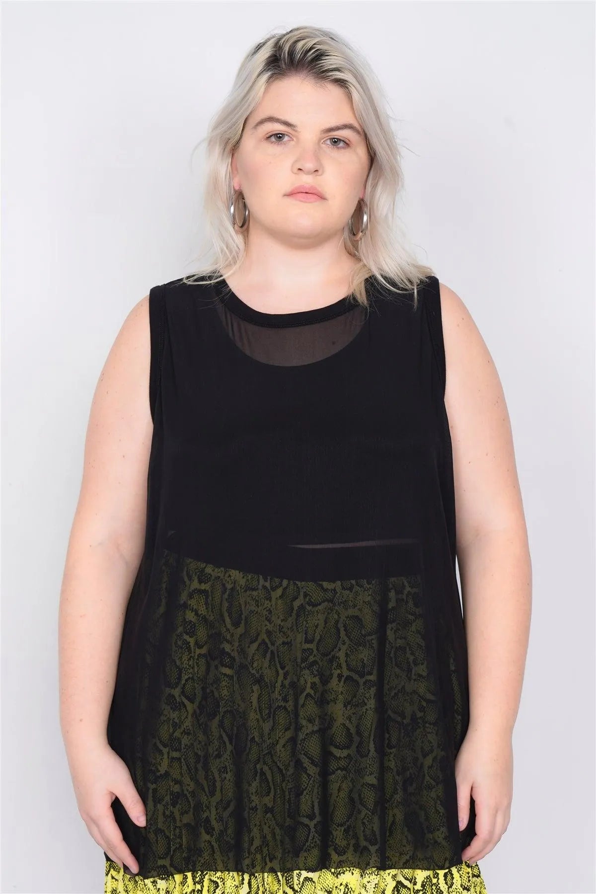 Black Plus Size Mesh Sleeveless Long Tank Top /2-2-2 - Tasha Apparel Wholesale