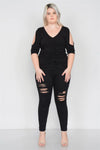 Black Plus Size Slit Sleeve Ruched Front Top /2-2-2 - Tasha Apparel Wholesale